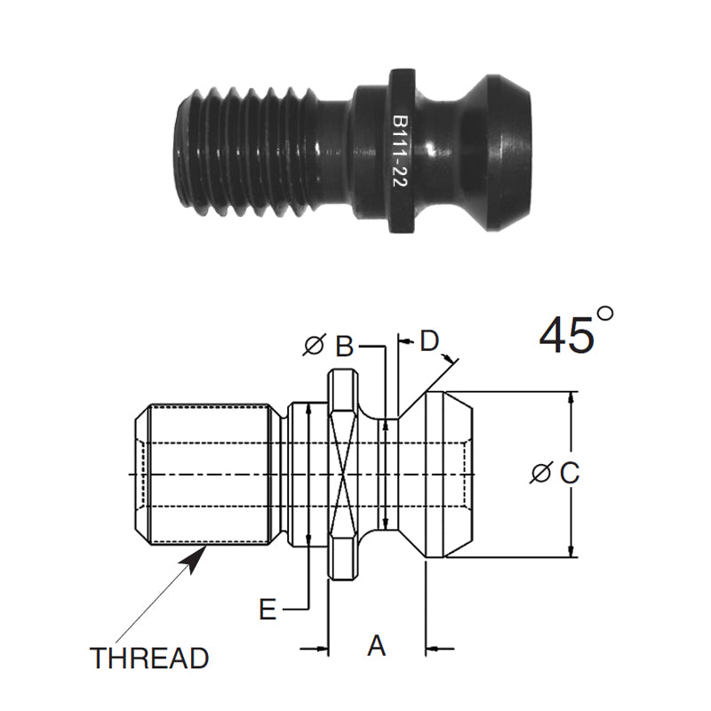 Briney B111-26A-HTHS: High Torque Pull Stud (Retention Knob) For V-Flange Tooling, BT40 Taper, M16X2.0 Thread, 45° Angle