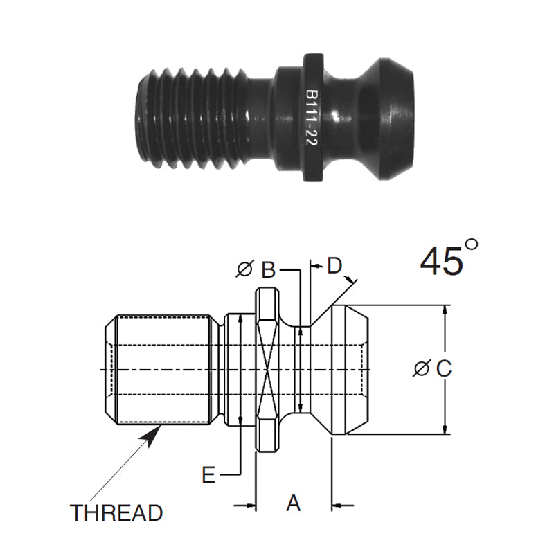 Briney B111-46: Standard Pull Stud (Retention Knob) For V-Flange Tooling, CAT50 Taper, 1-8 Thread, 45° Angle
