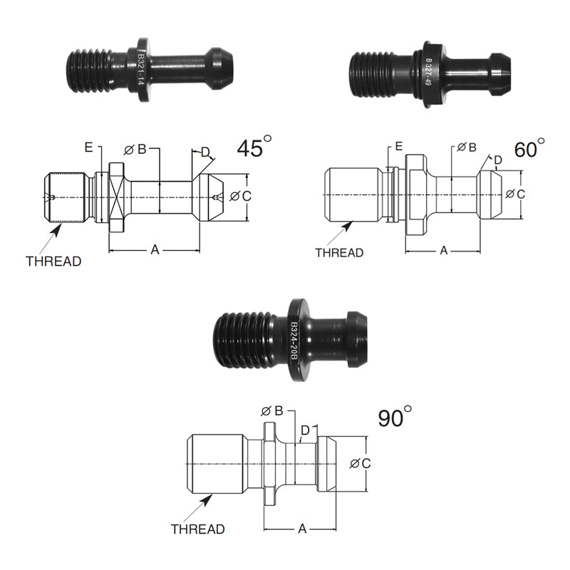 Briney B171-22: Standard Pull Stud (Retention Knob) For V-Flange Tooling, CAT40 Taper, 5/8-11 Thread, 45° Angle