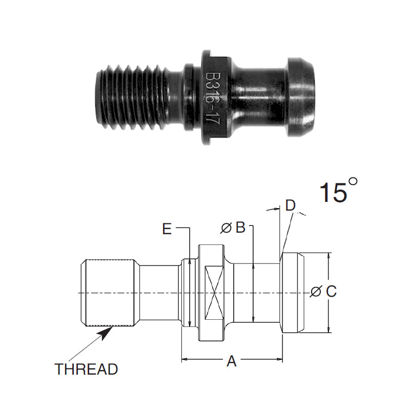 Briney B316-16-HTHS: High Torque Pull Stud (Retention Knob) For V-Flange Tooling, CAT40 Taper, 5/8-11 Thread, 15° Angle