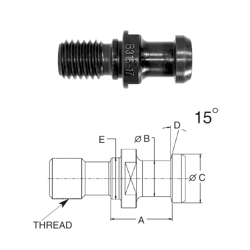 Briney B316-17: Standard Pull Stud (Retention Knob) For V-Flange Tooling, CAT40 Taper, 5/8-11 Thread, 15° Angle