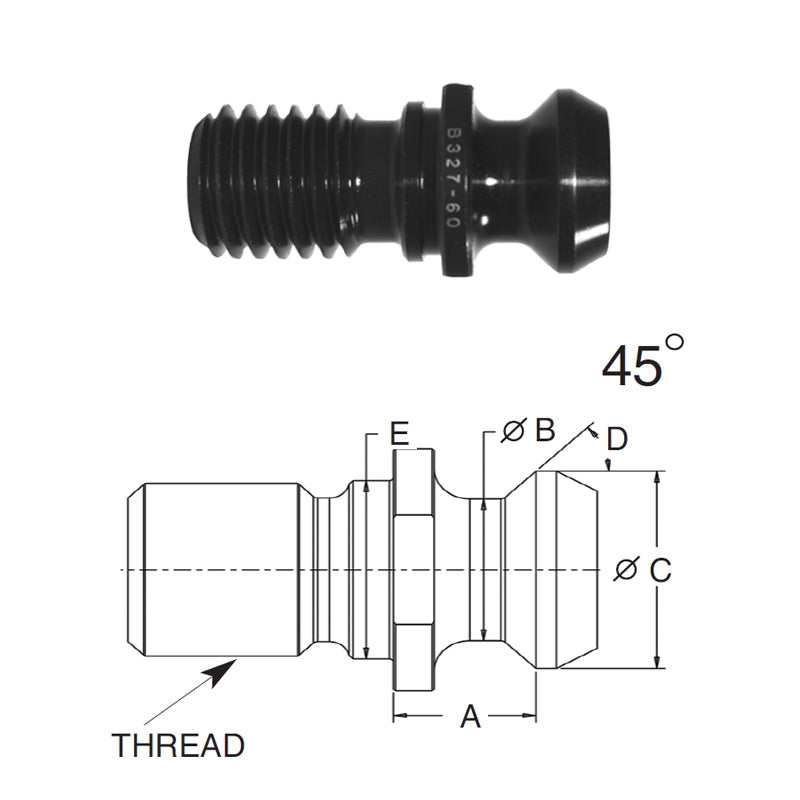 Briney B312-46: Standard Pull Stud (Retention Knob) For V-Flange Tooling, CAT50 Taper, 1-8 Thread, 45° Angle