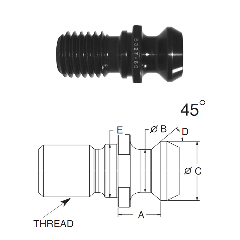 Briney B312-26H-HTHS: High Torque Pull Stud (Retention Knob) For V-Flange Tooling, CAT40 Taper, 5/8-11 Thread, 45° Angle