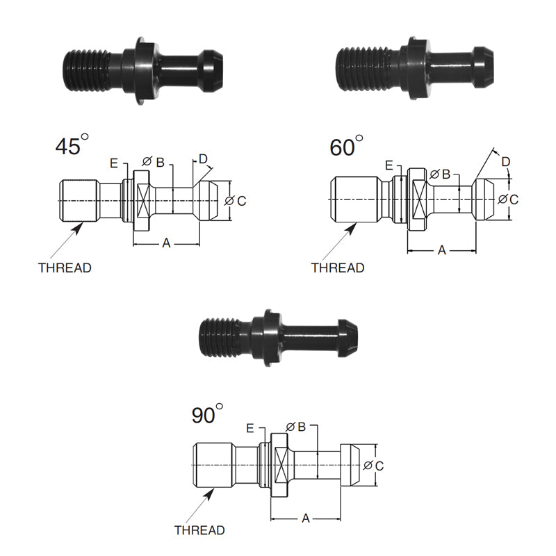 Briney B311-09C-HTHS: High Torque Pull Stud (Retention Knob) For V-Flange Tooling, BT30 Taper, M12x1.75 Thread, 45° Angle